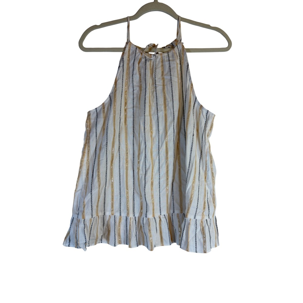 Nine West Halter Top Womens Medium White Yellow Striped Metallic Ruffle Hem Boho